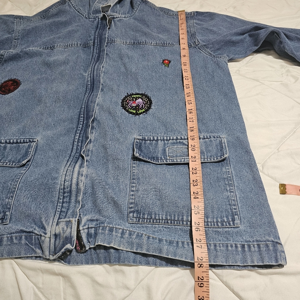 Bill Blass Vintage Hooded Jean Jacket With Novelty Patches Loosefit Womens Large - Picture 10 of 16